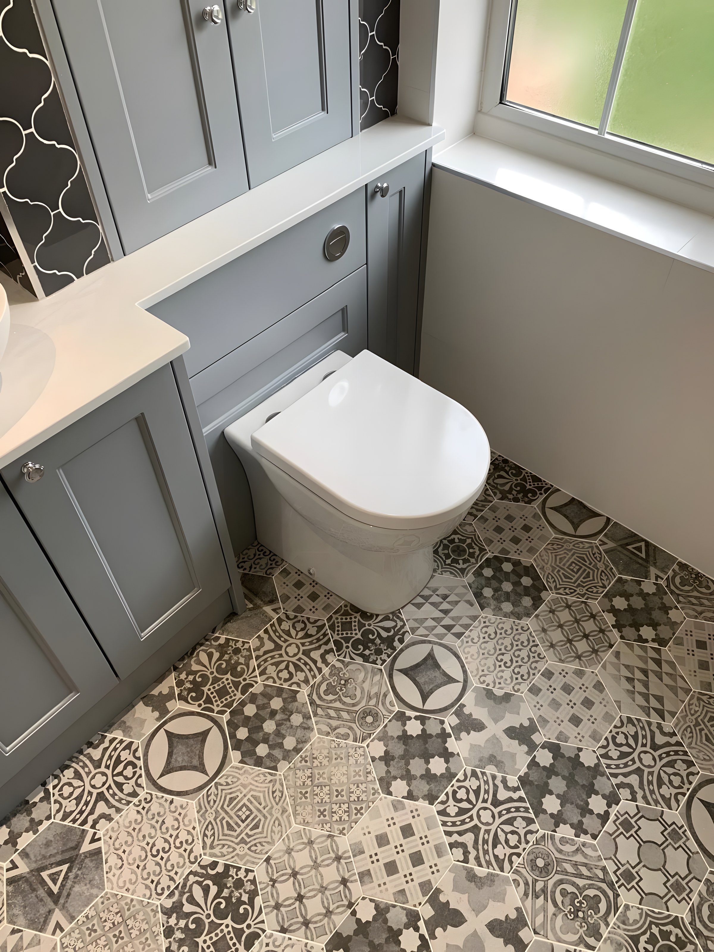 Grey shaker vanity with patterned floor tiles
