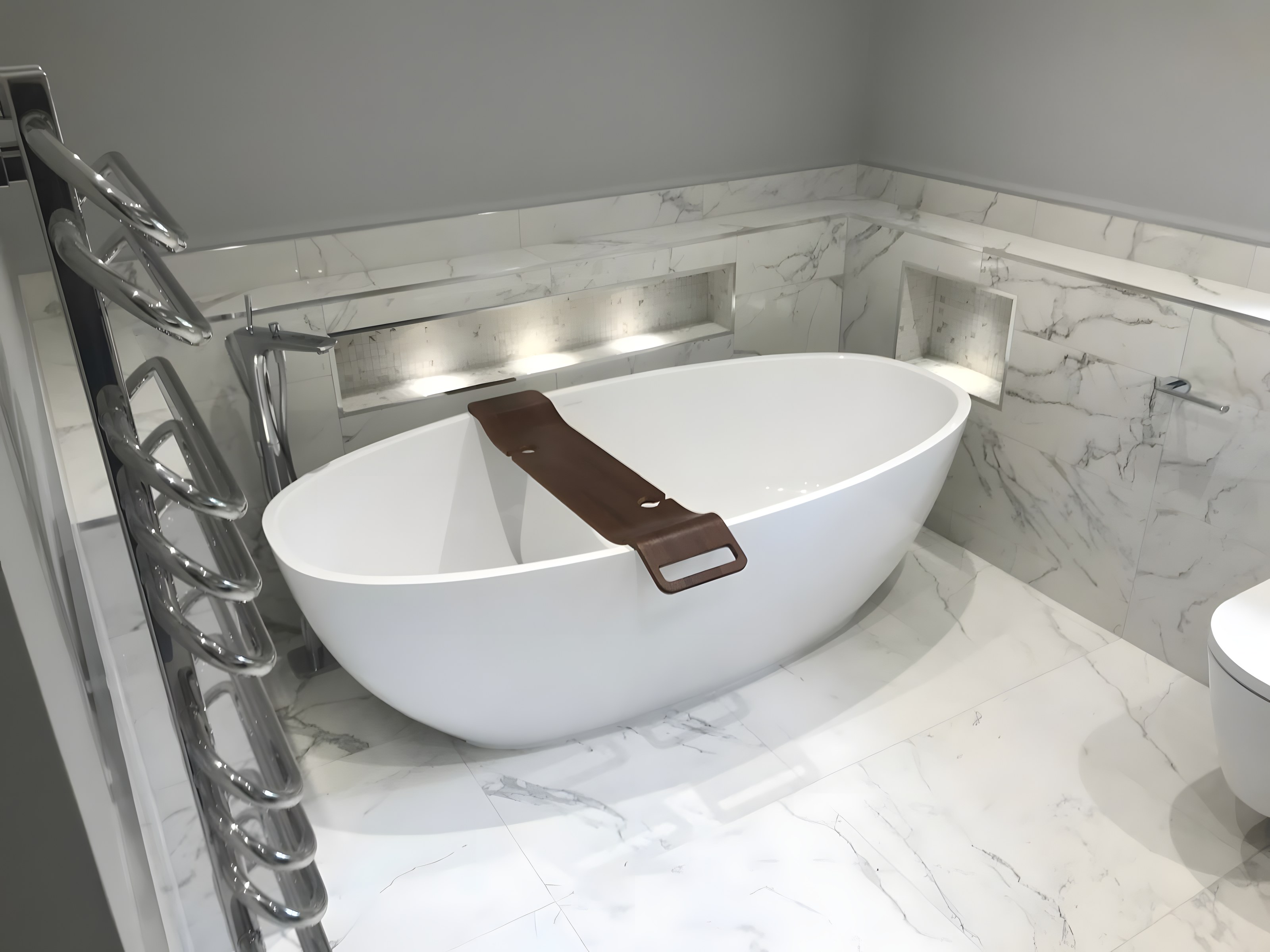 Marble-effect bathroom with freestanding bath